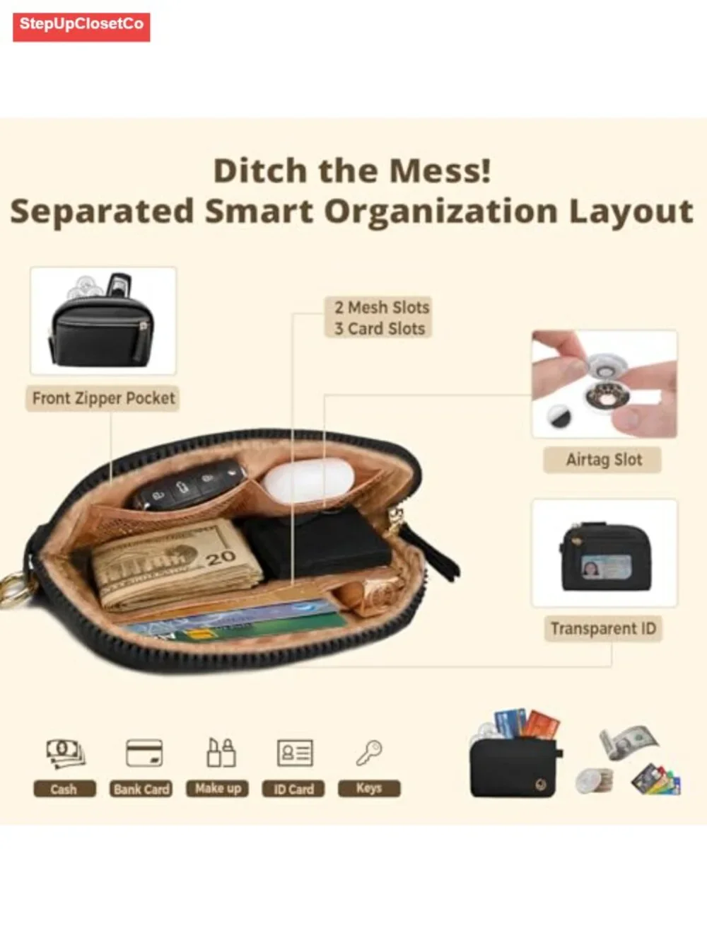 Dual Pouch Wristlet Keychain Wallet RFID Blocking Nylon Coin Purse Phone Tether